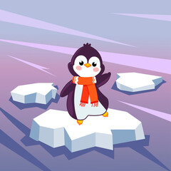 penguin waving a paw on an ice floe. Vector illustration. Cartoon arctic animals.