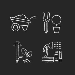 Garden accessories chalk white icons set on black background. Wheelbarrow. Pruning shears. Weed puller. Hosepipe with sprayer nozzle. Hand-propelled vehicle. Isolated vector chalkboard illustrations