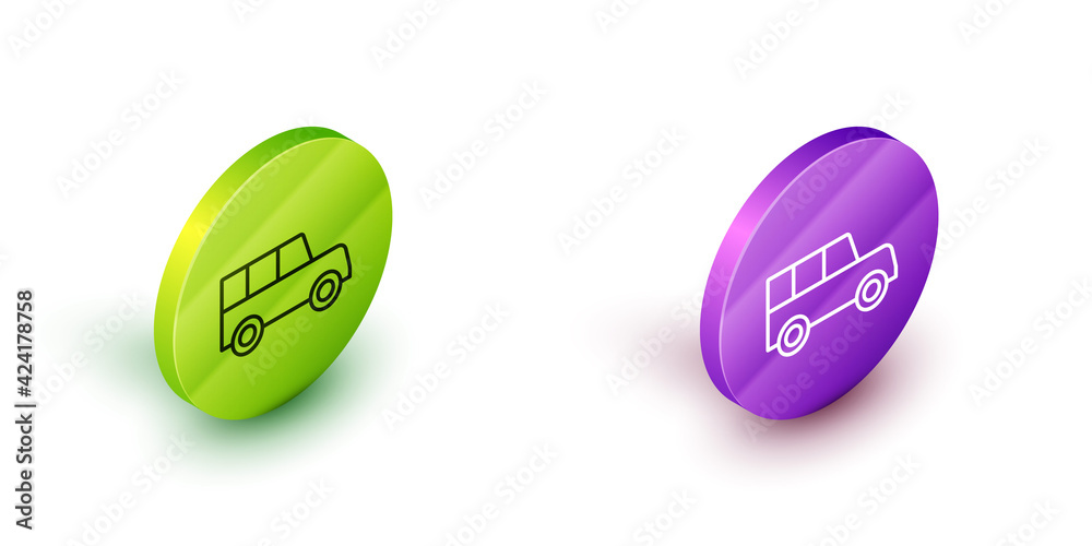 Wall mural isometric line car icon isolated on white background. front view. green and purple circle buttons. v