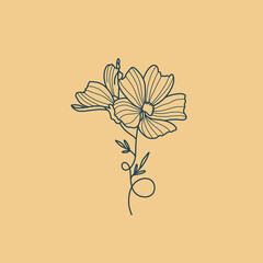 Naklejka premium Wildflower Botanical logo outline drawing. Minimal floral vintage style. Doodle plant vector illustration. Pure nature organic brush. Line drawing. Botanical floral badge. Eco product emblem.