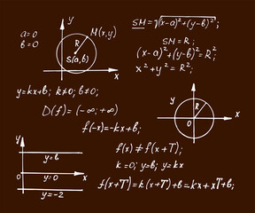Vintage education background. Trigonometry law theory, mathematical formulas and equations on chalkboard. Vector hand-drawn math signs on blackboard.