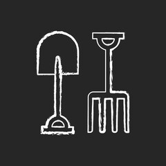 Garden fork and spade chalk white icon on black background. Loosening, blending soil. Light cultivation. Moving bulk materials. Pitchfork. Digging trenches. Isolated vector chalkboard illustration