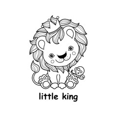 Little lion. Funny little lion. Black and white linear childish image. Vector