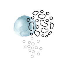 Abstract watercolor hand drawn shapes. Blue, silver, black