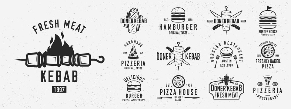 Vintage fast food logo set. Set of 13 fast food logo templates. Bistro, cafe, restaurant menu. Kebab, Burger, Pizza, Hamburger, Shawarma emblems. Trendy vintage hipster design. Vector illustration