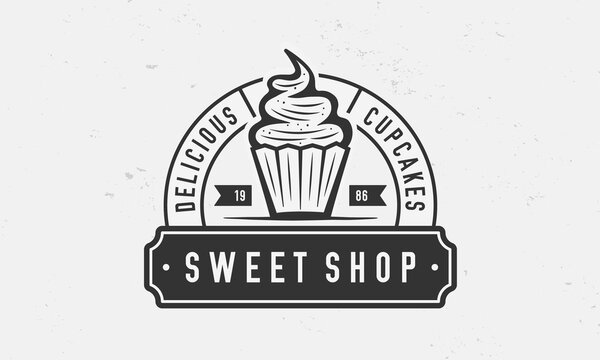Sweet Shop logo concept. Delicious Cupcake. Banner template for bakery, sweet shop, cafe. Sweet shop emblem with vintage cupcake. Trendy hipster design. Cupcake, Muffin logo. Vector illustration
