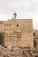 The corner  of the Temple Mount, a minaret overlooking the Islamic Museum and an archaeological...