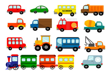 Set of childrens toys transport on a white background. Vector illustrations for printing on cards and clothes, for design on flyers, illustrations and interiors. School bus, fire truck, truck, concret