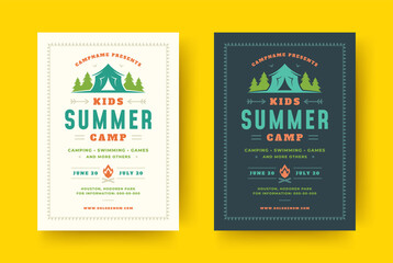 Kids summer camp poster or flyer event retro typography design template and forest lanscape and tent background