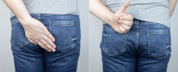 Before and after pain in ass. Conceptual shot of anal problems. On left, the man grabbed his butt...