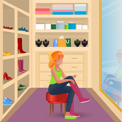 The girl in the dressing room tries on boots. Shop, fitting room, room with things. Accessories, jewelry, clothing. Cartoon drawing with character.