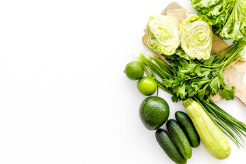 Group of fresh green vegetables. Raw food diet. Top view