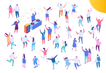 Fototapeta na wymiar Isometric people party vector set. Young people dancing. Dj party, consert, festival. 