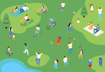 Family picnic and summer rest. People in park leisure and outdoor activity. City park isometry icons of people sitting on bench, playing and reading book vector isometric isolated elements. - obrazy, fototapety, plakaty