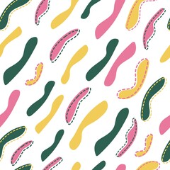 Seamless pattern with abstract shapes in yellow, pink and green. Modern style for wallpaper, fabric, paper and packaging. Vector illustration.