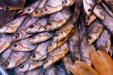 dried fish chekhon on the counter of the store