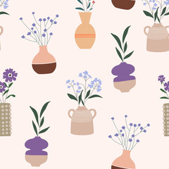 Pattern of wild and garden blooming flowers in vases isolated on bright background. Vector seamless pattern of bouquets. Floral design elements background.