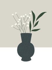 Trendy composition with flowers in vase for home decor, print, greeting card, invitation. Modern minimalist poster in pastel colors on light isolated background. Vector illustration.
