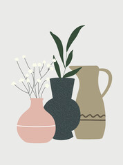 Trendy composition with flowers in vases for home decor, print, greeting card, invitation. Modern minimalist poster in pastel colors on light isolated background. Vector illustration.