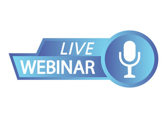Live Webinar Button. Blue color icon for online course, distance education, video lecture, internet group conference, training test. Live webinar with microphone, broadcasting icons
