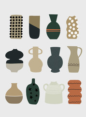 Collection of different ceramic vases isolated on bright background. Modern pots and flower vases of various sizes, shapes. Vector poster of pottery pots. Set of decorative home design elements.