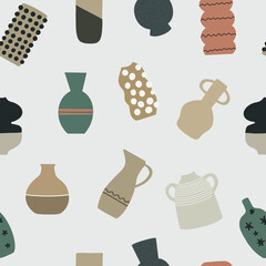 Pattern with different ceramic vases isolated on bright background. Modern pots and flower vases in various shapes. Vector seamless pattern of pottery pots.