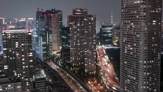 City View And Traffic From Seaside Top Observatory Of World Trade Center At Night In Minato, Tokyo, Japan. - hyperlapse, zoom in