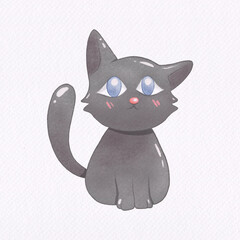 Cute black cat sit and smile on white watercolor paper texture. Illustration digital paint.