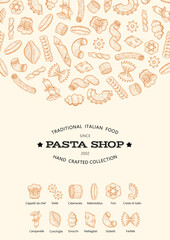 Pasta italian food vector illustration. Vintage Macaroni set icon. Restaurant, craft shop menu poster in sketch style. Kitchen background design. Fusilli, rigatoni, farfalle pasta drawing from Italy
