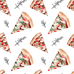 Watercolor pattern with pizza and rosemary. Seafood, shrimps, tomatoes, arugula, mozzarella. Seamless pattern for textiles