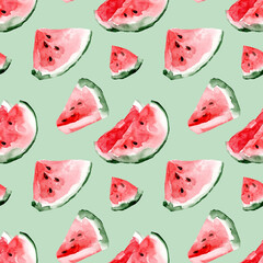 Watercolor seamless pattern of watermelon slices. Summer bright pattern. Fresh fruits. Healthy diet. Vegetarianism.