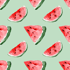 Watercolor seamless pattern of watermelon slices. Summer bright pattern. Fresh fruits. Healthy diet. Vegetarianism.