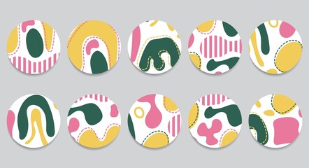 Set of abstract highlights templates for social media in pink, yellow and green. Doodle shapes in contemporary style. Vector illustration.