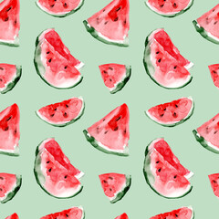 Watercolor seamless pattern of watermelon slices. Summer bright pattern. Fresh fruits. Healthy diet. Vegetarianism.