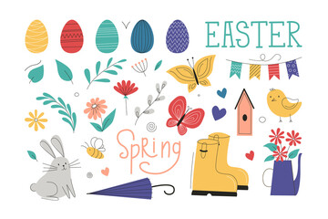 Easter spring element set. Collection of eggs, chicken, butterfly, rabbit, flowers. Vector flat cartoon illustration