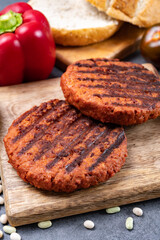 Tasty grilled burger made with vegetarian plant based imitation minced meat