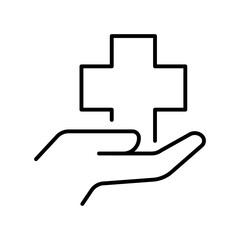 Human hand and medical cross line icon vector symbol of healthcare medicine protection