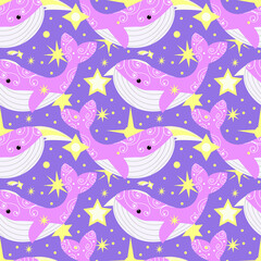 Vector pattern with patterned lilac whales on a violet background with stars .Children's bright fantasy ornament. 