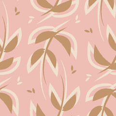 Vector pink brown leaves boho seamless pattern 