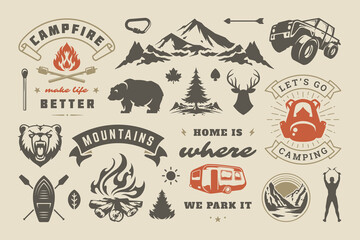 Summer camping and outdoor adventures design elements set, quotes and icons vector illustration. - obrazy, fototapety, plakaty