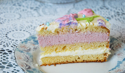 a delicate strawberry cream cake for a birthday celebration. sweet dessert with cream, pie.