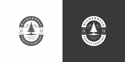 Forest camping logo emblem outdoor adventure vector illustration pine trees silhouette