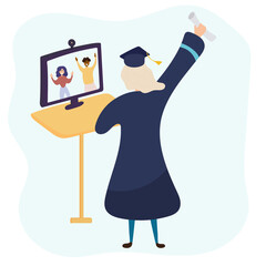 Graduation online, graduate celebrating graduation. Vector illustration.