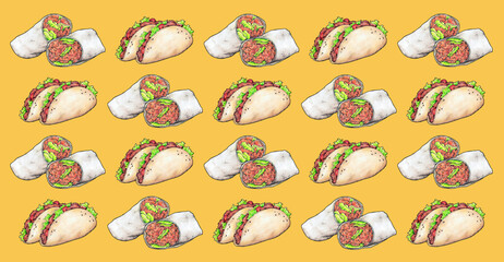 Ilustración a mano de burritos y tacos mexicanos. Ideal para manteles o tapetes de restaurantes mejicanos.
