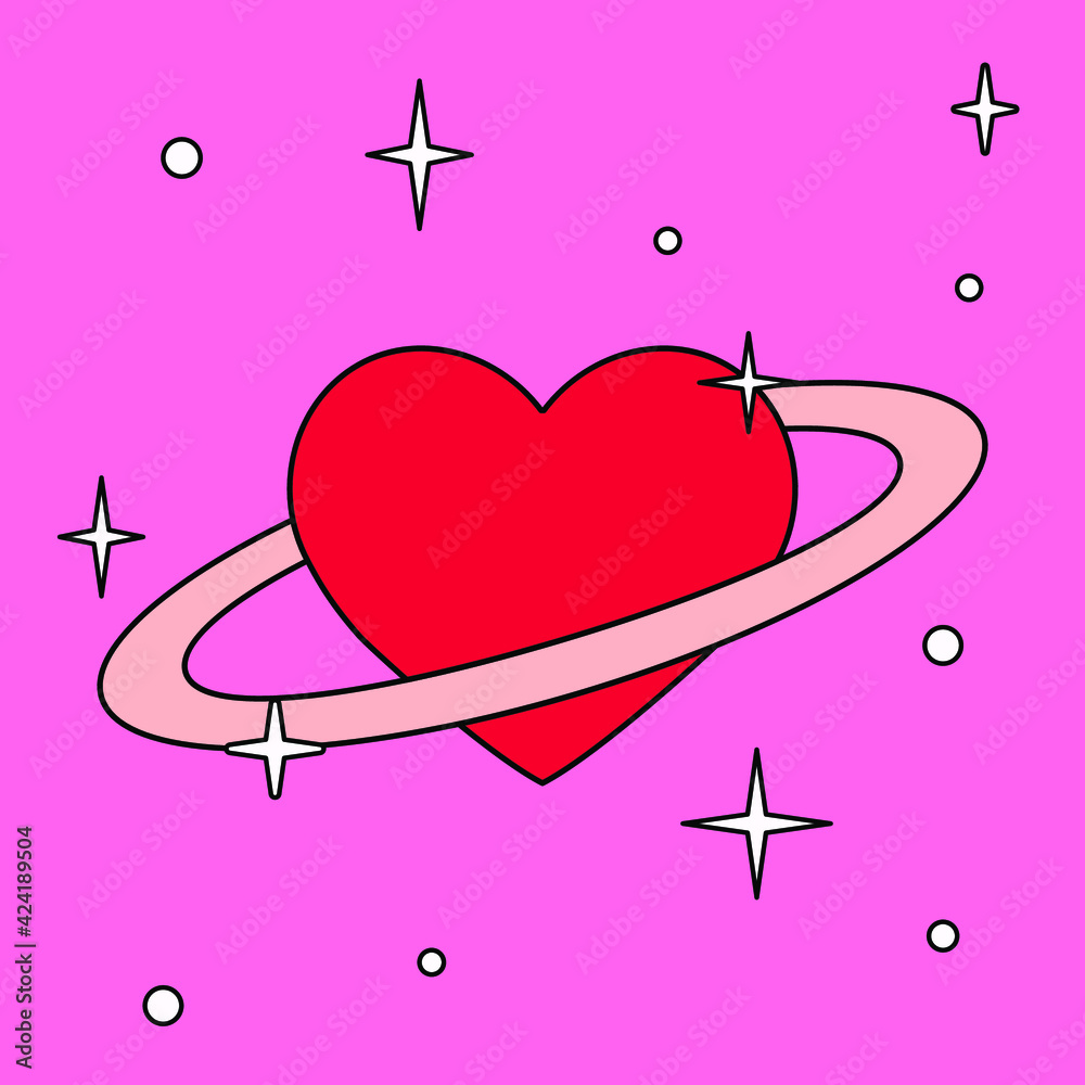 Poster a heart with a ring around it that looks like the planet saturn. minimal illustration for a flash ta