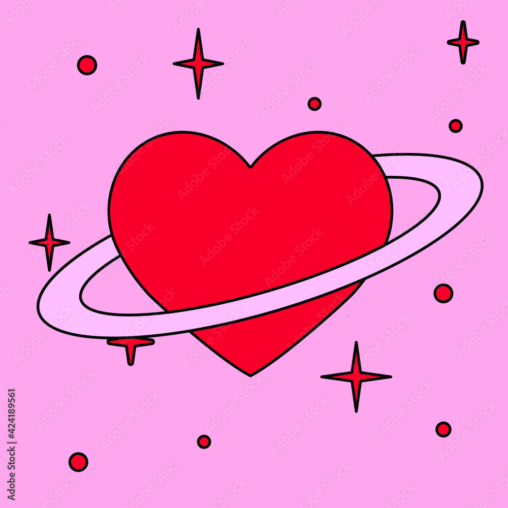 Poster a heart with a ring around it that looks like the planet saturn. minimal illustration for a flash ta