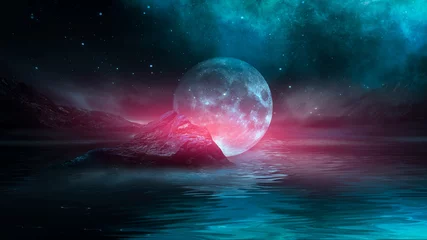 Wall murals Green Blue Futuristic fantasy night landscape with abstract landscape and island, moonlight, radiance, moon, neon. Dark natural scene with light reflection in water. Neon space galaxy portal. 3D illustration.  