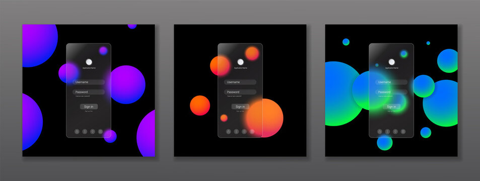 Set of templates of glass interfaces for mobile applications. Smartphone transparent screen on the background of colorful balls. Realistic 3D model. Abstract. App mockup. Glassmorphism. Black. Vector