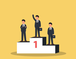Three businessmen proudly standing on competition winner platform.Business competition concept