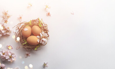 Naklejka na ściany i meble Easter eggs in nest and pink flowering sakura branches on light blue background. Happy Easter holiday, top view, flat lay